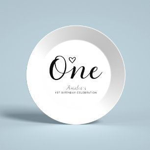 Modern Minimalist Black Script 1st Birthday Paper Plates