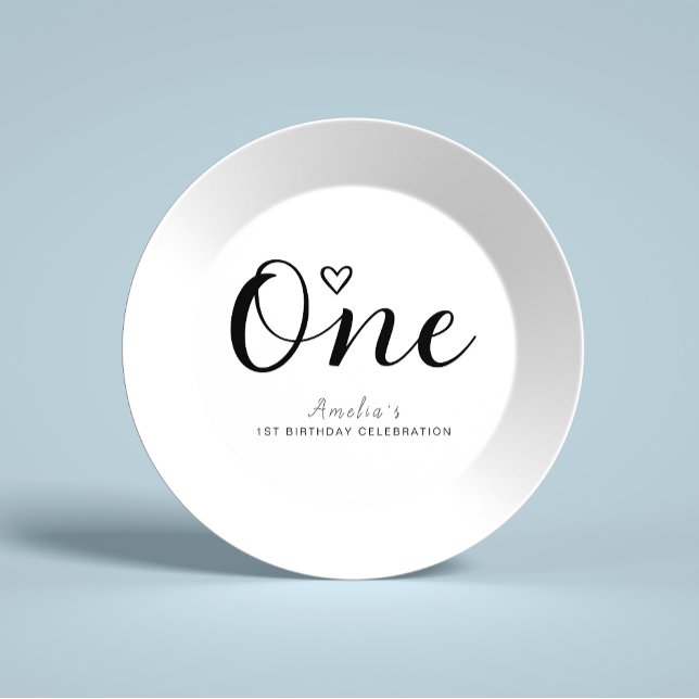 Modern Minimalist Black Script 1st Birthday Paper Plates (Creator Uploaded)