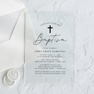Modern Minimalist Black Script Baptism Acrylic Invitations
