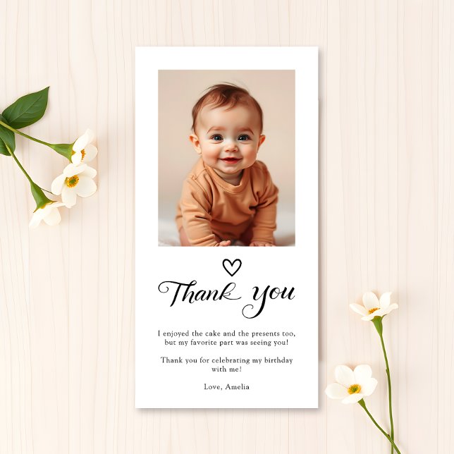 Modern Minimalist Black Script Birthday Photo Thank You Card (Creator Uploaded)
