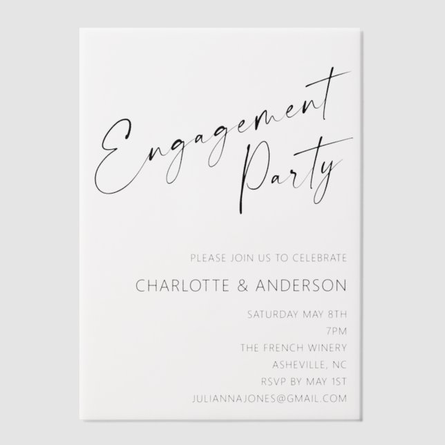 Modern Minimalist Black Script Engagement Party Vellum Invitations (Front)
