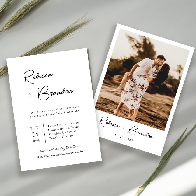 Modern Minimalist Black Script Photo Wedding Invitation (Creator Uploaded)
