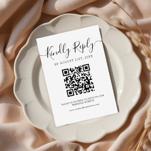  Modern Minimalist Black Script QR Code Wedding RSVP Card