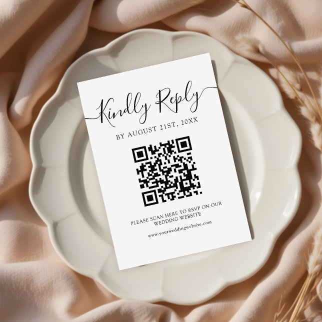  Modern Minimalist Black Script QR Code Wedding RSVP Card (Creator Uploaded)