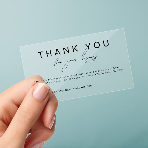 Modern Minimalist Black Script Thank You Discount Clear Business Cards
