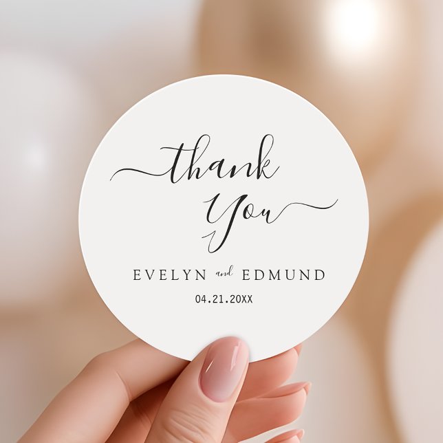  Modern Minimalist Black Script Thank You Wedding Classic Round Sticker (Creator Uploaded)