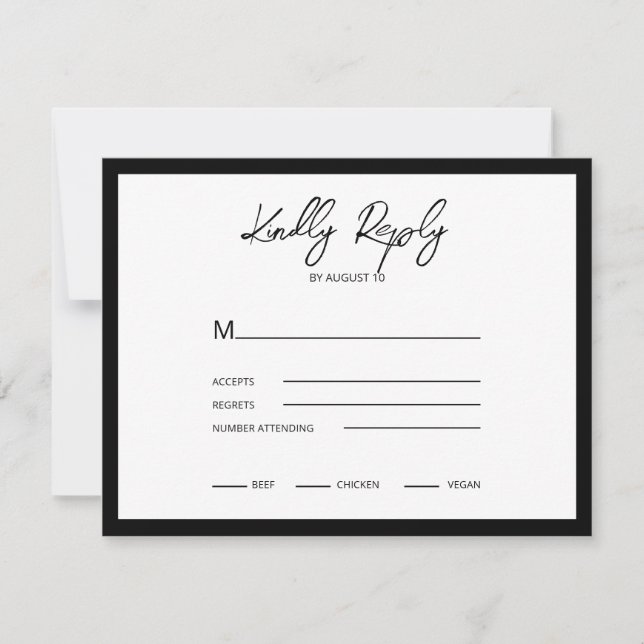 Modern Minimalist Black Script White Background RSVP Card (Front)