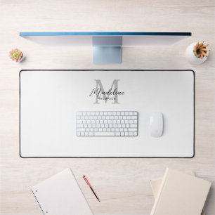 Modern Minimalist Black Script White Gray Monogram Desk Mat