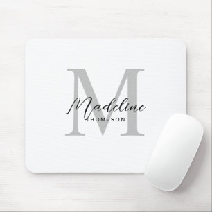Modern Minimalist Black Script White Gray Monogram Mouse Pad