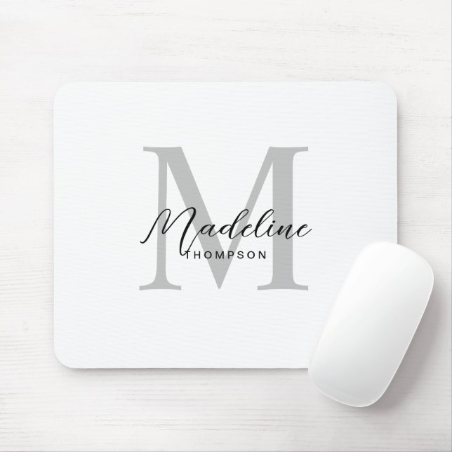 Modern Minimalist Black Script White Gray Monogram Mouse Pad (With Mouse)