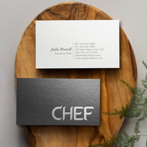 Modern Minimalist Black Silver Embossed Text Chef Business Card