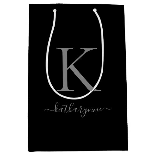 Modern Minimalist Black Silver Monogram Name Medium Gift Bag