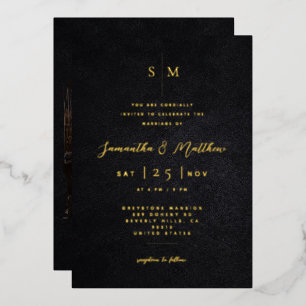 Modern Minimalist Black Texture Photo Wedding  Foil Invitation