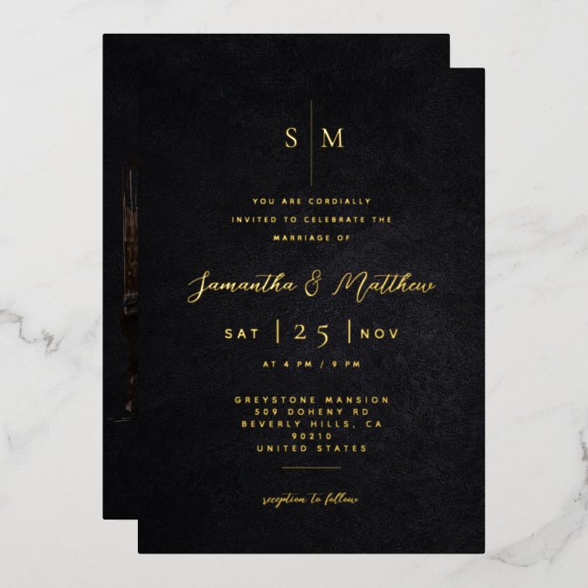 Modern Minimalist Black Texture Photo Wedding  Foil Invitation (Front/Back)