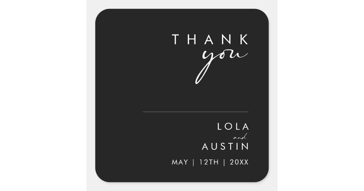 Modern Minimalist | Black Thank You Wedding Square Sticker | Zazzle