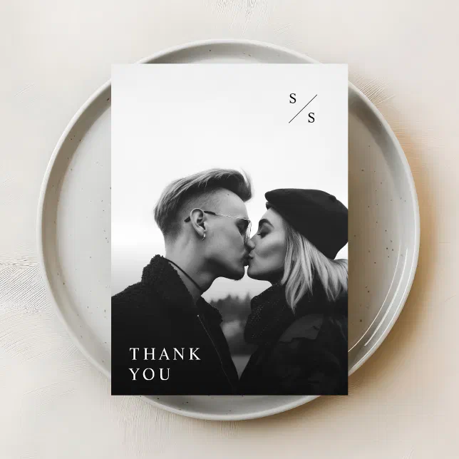 Modern Minimalist Black Typography Photo Wedding Thank You Card | Zazzle