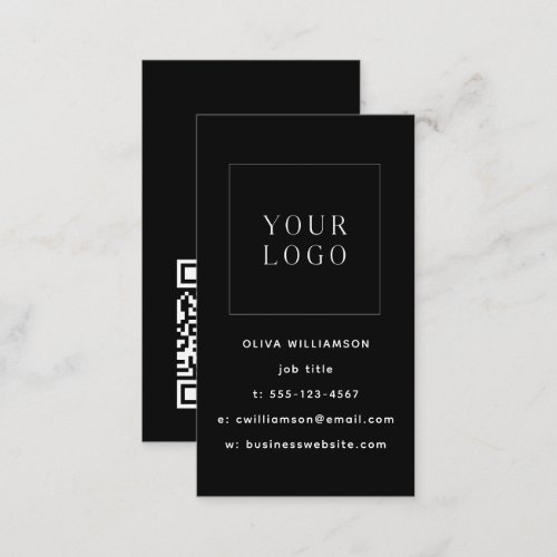 Modern Minimalist Black Vertical Logo QR Code Business Card