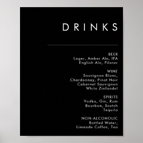 Modern Minimalist  Black Wedding Drinks Menu Poster