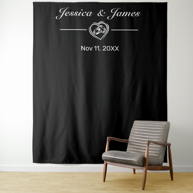 Modern Minimalist Black Wedding Photo Background Tapestry (In Situ)