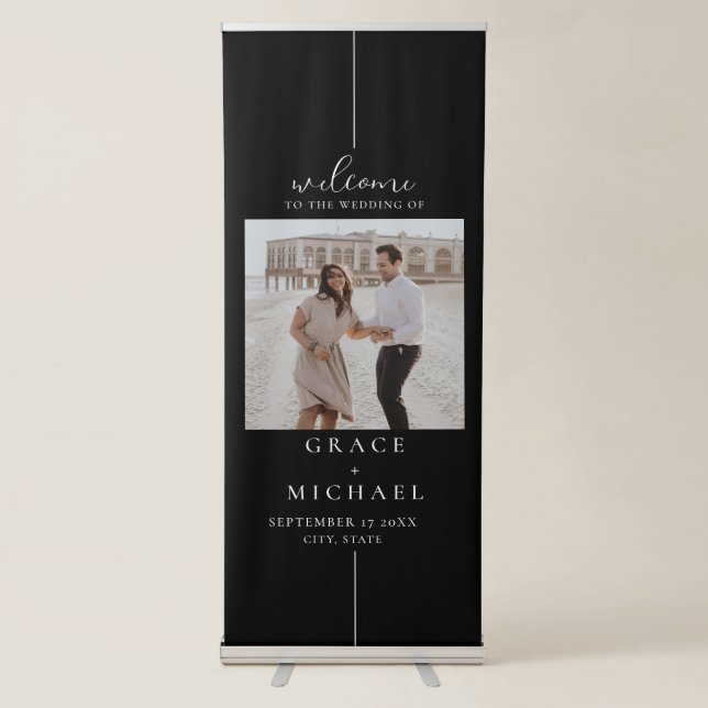 Modern Minimalist Black Wedding Welcome Retractable Banner (Front)