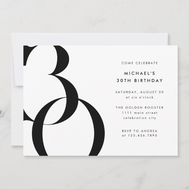 Modern Minimalist Black White 30th Birthday Party Invitation (Front)