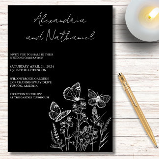 Modern Minimalist Black & White Butterfly Wedding Invitation