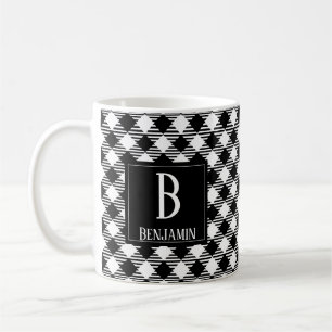 Modern Minimalist Black White Checkered Plaid Name Coffee Mug