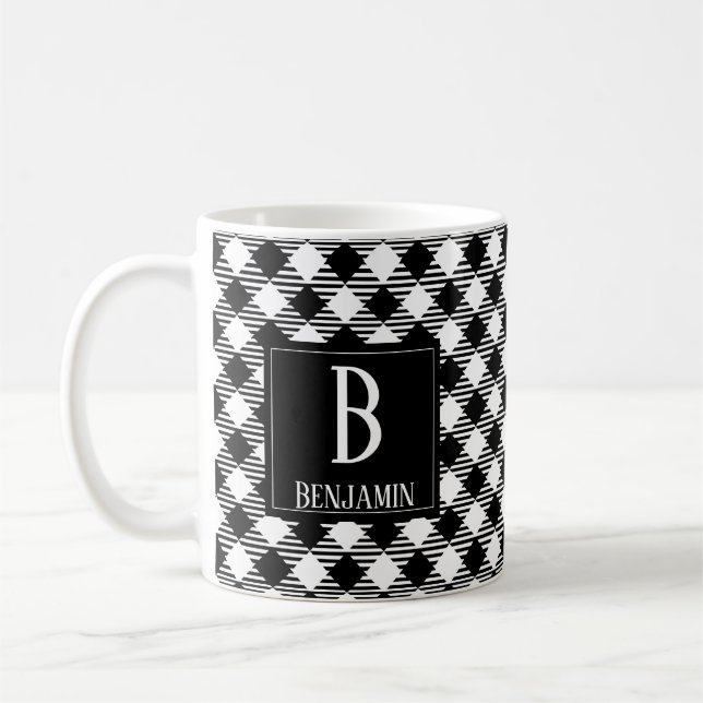 Modern Minimalist Black White Checkered Plaid Name Coffee Mug (Left)