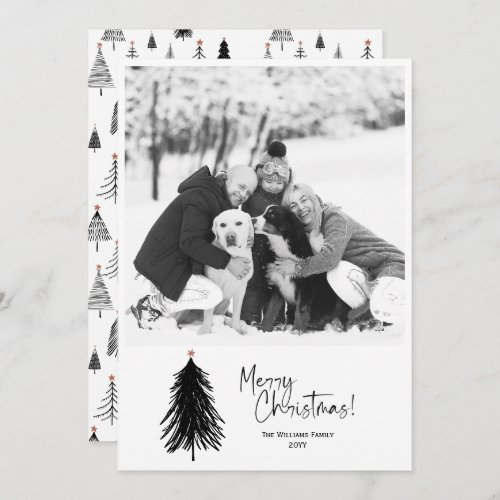 Modern Minimalist Black White Christmas Tree Photo Holiday Card