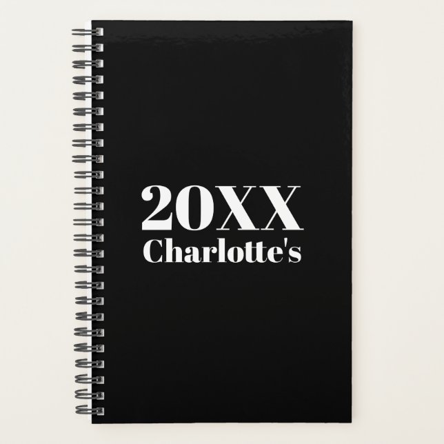 Modern minimalist black white custom year name planner (Front)