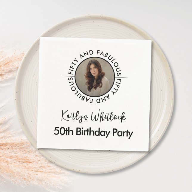 Modern Minimalist Black White Fifty and Fabulous Napkins (black and white fifty and fabulous 50th birthday party napkins modern minimalist elegant script font)