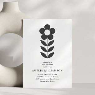 Modern Minimalist Black White Floral Baby Shower Invitation