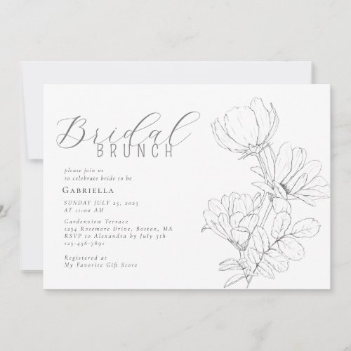 Modern Minimalist Black White Floral Bridal Brunch Invitation