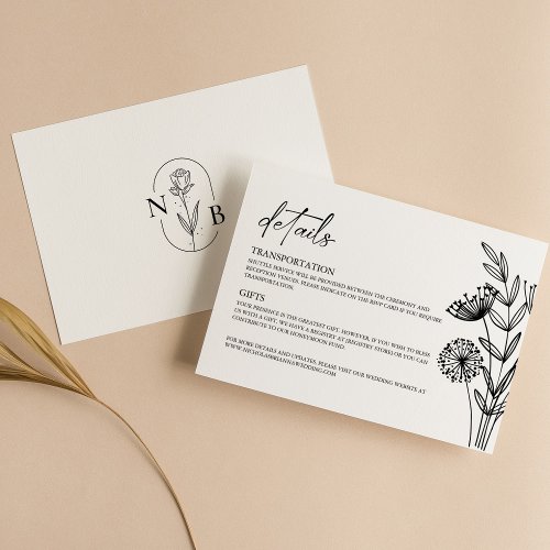 Modern Minimalist Black White Floral Wedding Enclosure Card