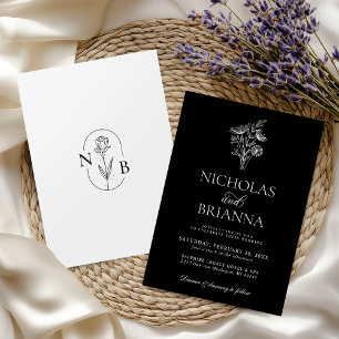Modern Minimalist Black White Floral Wedding Invitation