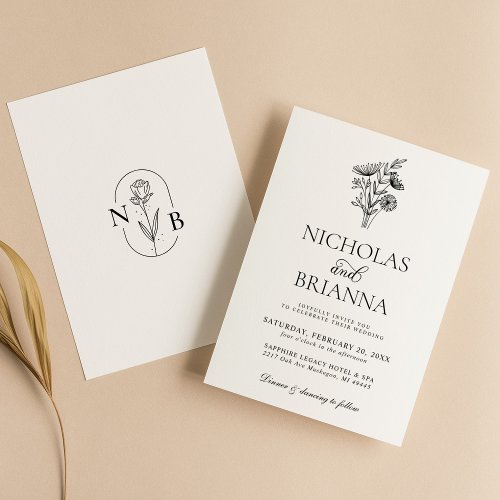 Modern Minimalist Black White Floral Wedding Invitation