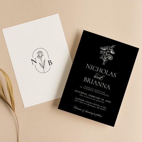 Modern Minimalist Black White Floral Wedding Invitation