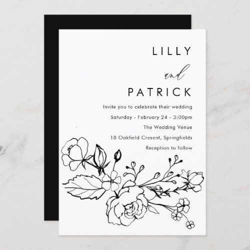 Modern Minimalist Black  White Floral Wedding Invitation
