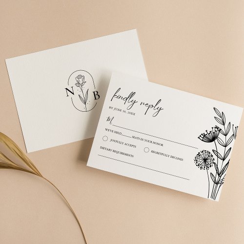 Modern Minimalist Black White Floral Wedding RSVP Card