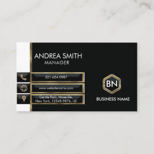 Modern Minimalist Black White Gold with Monogram Business Card