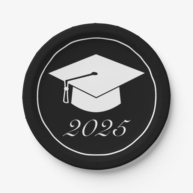 Modern Minimalist Black White Graduation Hat Paper Plates (Front)