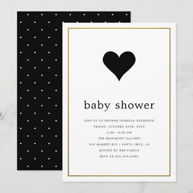 Modern Minimalist Black & White Heart Baby Shower Invitation (Front/Back)
