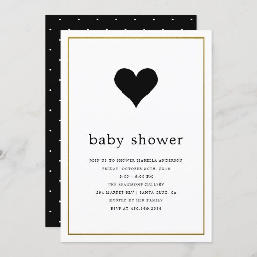 Modern Minimalist Black & White Heart Baby Shower Invitation - These simple, elegant baby shower invitation templates are perfect for you to create your own custom invites. The modern, minimalist design leverages classical black and white typography with polka dot pattern on the reverse side. A gold gradient border frames the front. Choose from 12 unique paper types, two printing options and six shapes to design an invitation that's perfect for your guests.