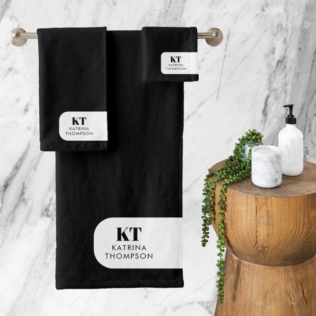Modern Minimalist Black White Initials Monogram Bath Towel Set (Creator Uploaded)