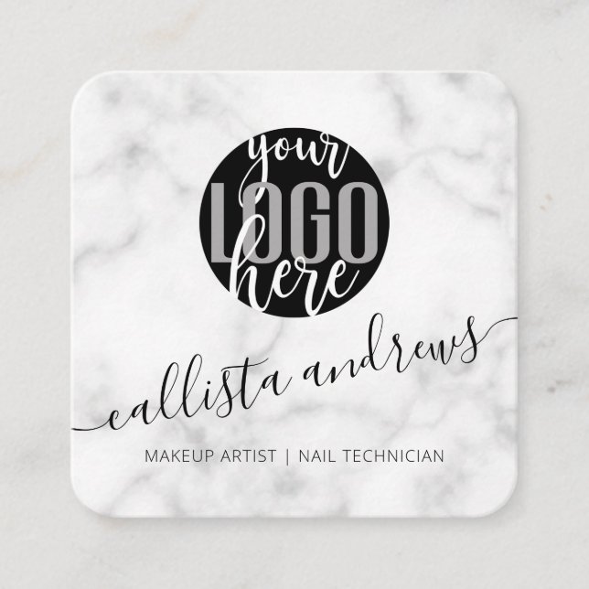 Modern Minimalist Black White Marble Logo Square Business Card (Front)