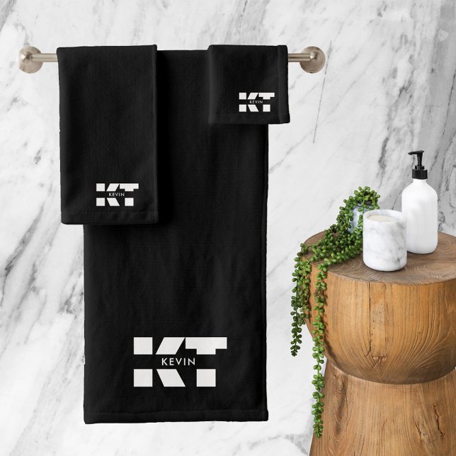 Modern Minimalist Black & White Masculine Monogram Bath Towel Set (Creator Uploaded)