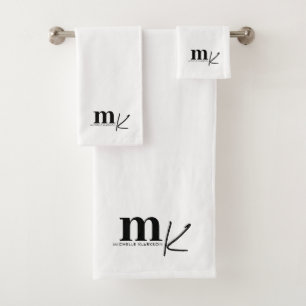 Modern Minimalist Black White Monogram Bath Towel Set