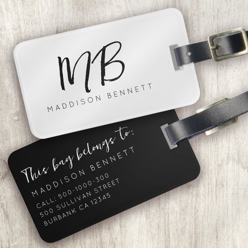 Modern Minimalist Black White Monogram Luggage Tag