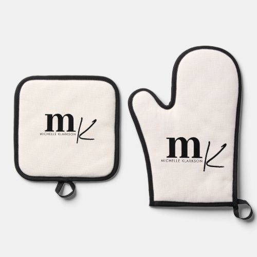 Modern Minimalist Black White Monogram  Oven Mitt  Pot Holder Set