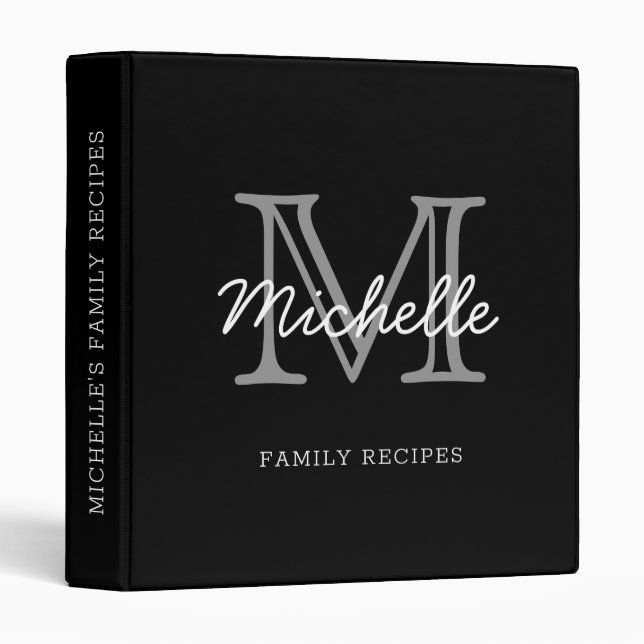 Modern Minimalist Black White Monogram Recipe 3 Ring Binder (Front/Spine)